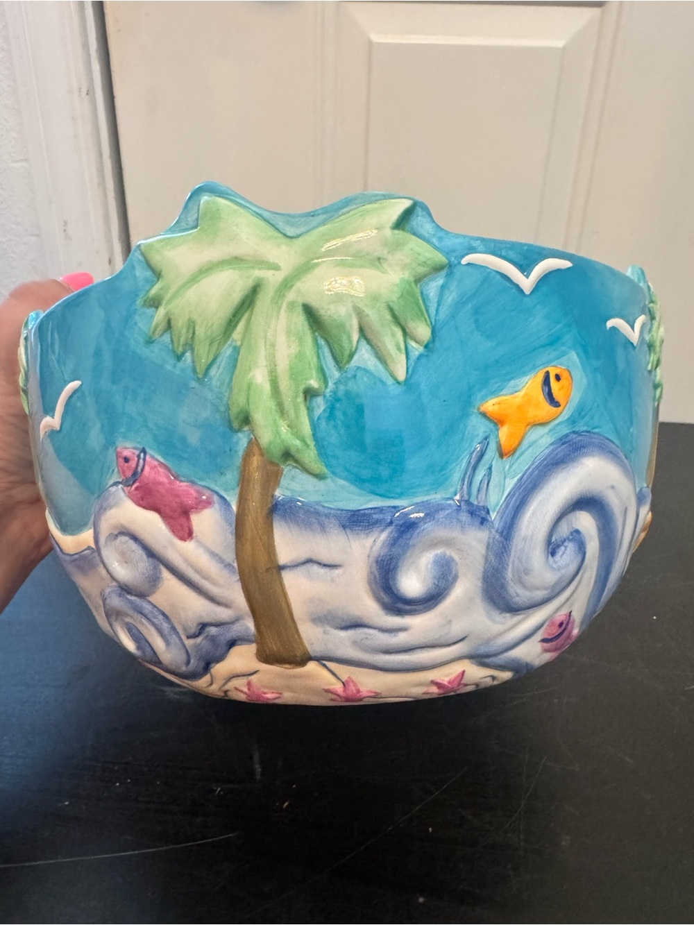 Summer Stock Hand Painted Sculpted Beach Chip Party Bowl Summer Fish Palm VTG